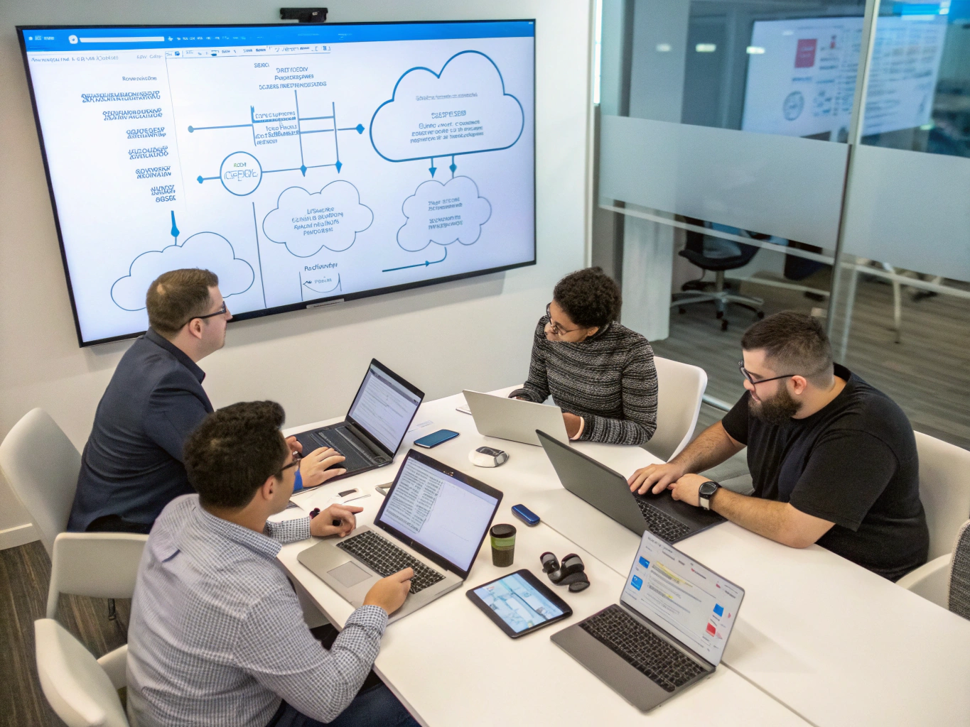 Senior FinTech software architects analyzing distributed cloud topologies on monitors